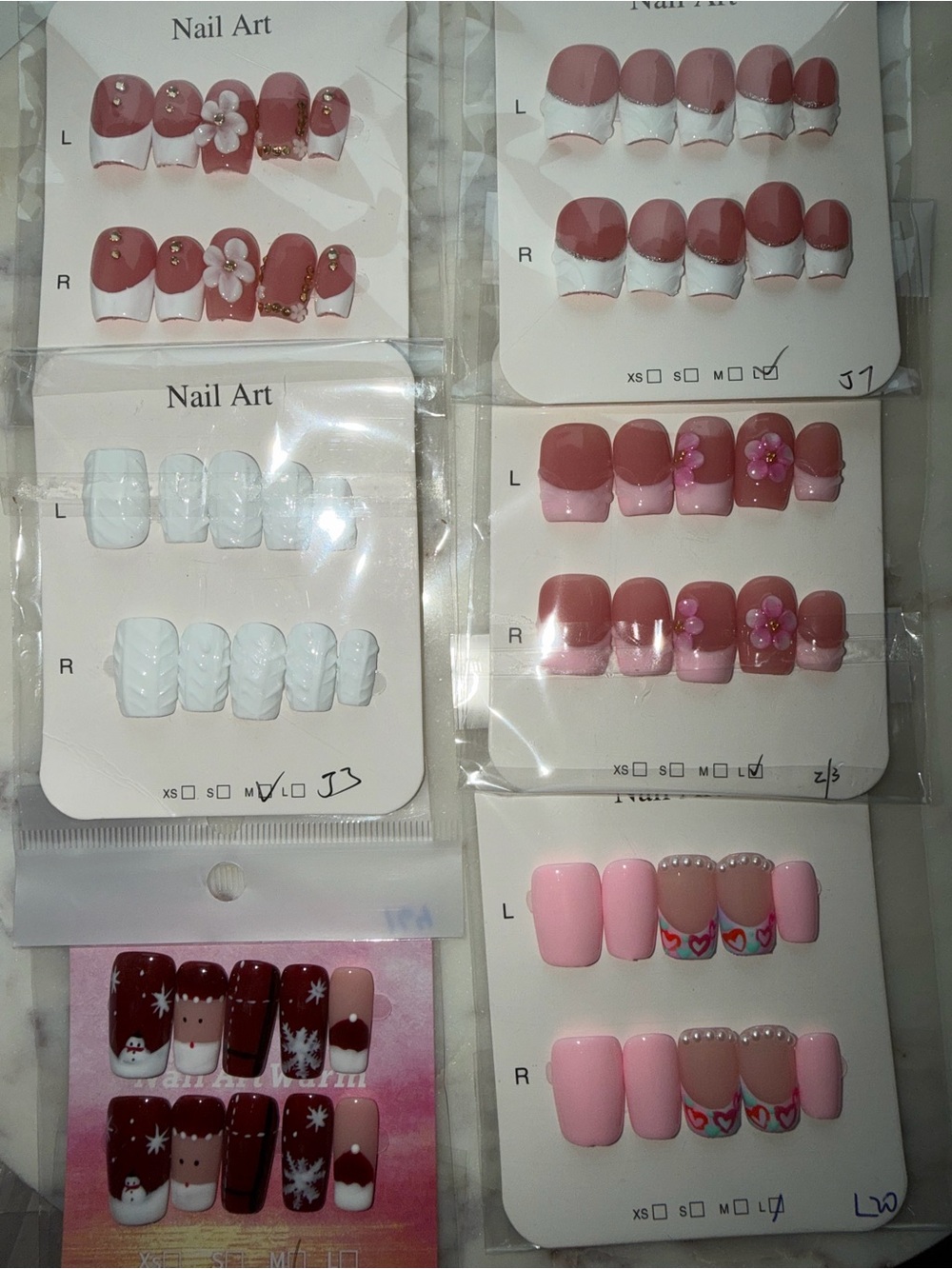 Press-On Nail Set — Pink Floral & White Designs Set of 6